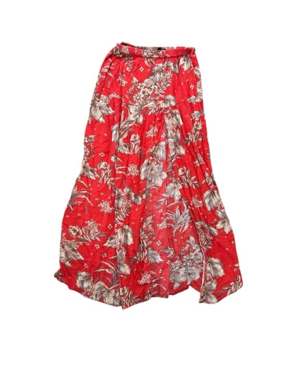 Reddish Orange Tropical Floral Maxi Skirt Women's Flowing Skirt with Front Slit